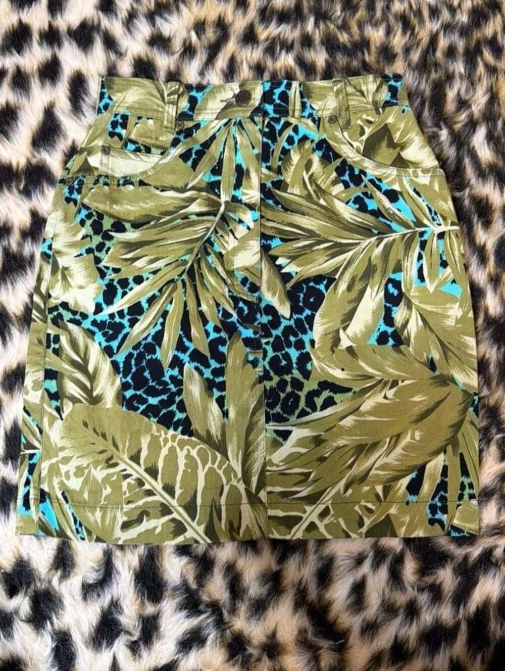 Vintage Mondi Tropical Palm Leaf and Leopard Print 100% Cotton Mini Skirt